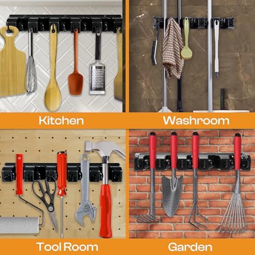 ABS Plastic Broom Holder Wall Mount, 5 Slots & 6 Hooks | Waterproof organizer for mops, brooms, rakes and tools, wall mount with screws for garage, laundry and garden