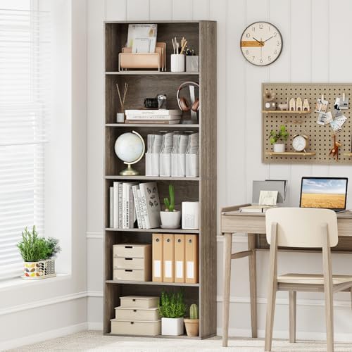 GIANTEX 6-Tier Bookcase, 70" Tall Wooden Bookshelf, Freestanding Storage Organizer w/Open Shelves, Anti-Tipping Kits, Modern Floor Standing Display Shelves for Living Room, Bedroom,Grey