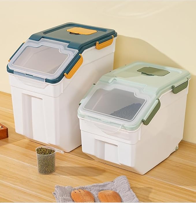 2 Pack 25lbs Rice Storage Container with Wheels, Flour and Sugar Container | Food grade plastic kitchen storage bins hold rice, flour and dry grains, measuring scoop & cup for convenient portion control