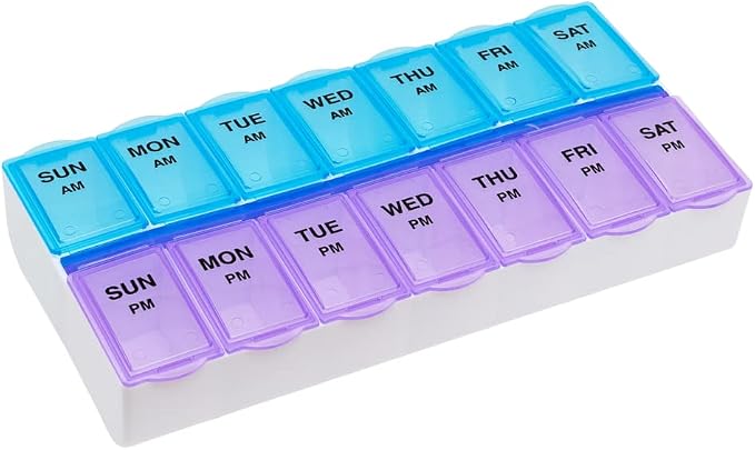 EZY DOSE Weekly (7-Day) AM/PM Daily Pill Case, Medicine Planner, Vitamim, Fish Oil, Supplements Organizer Container, Large Compartments, 2 Times a Day, Blue and Purple Lids, BPA Free