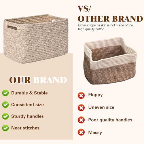 Storage Baskets for Organizing, 4 Pack Baskets for Shelves, Decorative Storage Bins for Shelves, Cotton Rope Storage Basket with Handles, Woven Basket for Storage, 13''Lx8.7''Wx7.9''H, Brown