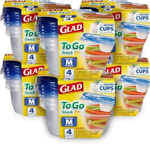 Glad GladWare To Go Lunch Containers with Dressing Cup, 32 Oz, 4 Ct, 6-Pk | Built-in compartment keeps sauces separate, ideal for salads and packed lunches, freezer safe