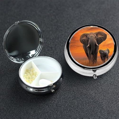 Pill Box 3 Compartment Medicine Pill Case for Pocket or Purse Mini Metal Pillcase Cute Wild Elephant Pill Holder Vitamin Organizer Portable Travel Pills Container to Hold Supplements Vitamins