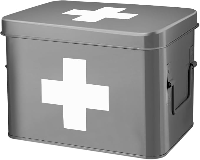 Flexzion Large Metal First Aid Box Empty, 8.5-Inch, Gray with White Cross | Vintage Medicine Box and First Aid Storage Organizer with Removable Tray and Dividers; Empty Box Only, Supplies Not Included
