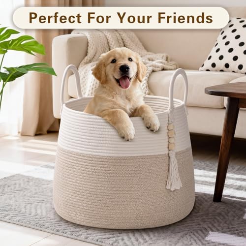 Large Nursery Hamper, 30L Blanket Basket with Handle, Baby Laundry Basket for Gift, Toy, Clothes, Woven Storage Basket with Wooden Bead Decor, Baby Hamper for Nursery (Black&Brown)