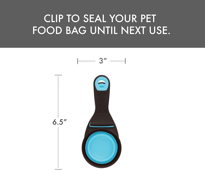 Dexas Popware for Pets Collapsible Klip Scoop, 3-in-1 Pet Food Scoop, Measuring Cup and Bag Clip, 1/2 Cup Capacity, Blue