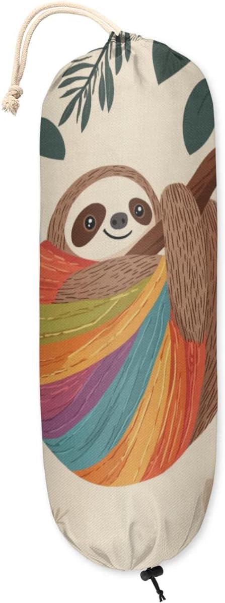 Tree Fern Sloth Plastic Bag Holder Colorful Stripes Grocery Bag Storage Dispenser Washable Hanging Shopping Bags Carrier Reusable Wall Mount Trash Bag Organizer for Kitchen Pantry