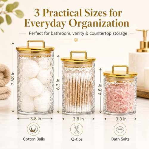 3-Pack Diamond-Cut Acrylic Storage Jars with Gold Lids – Airtight Clear Canisters for Bathroom & Kitchen | Apothecary Jars for Cotton Pads, Qtips, Snacks, Candy & Home Organization