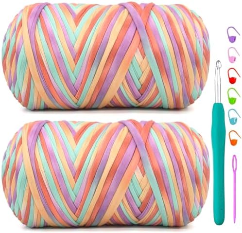2 Pack Tshirt Yarn for Crochet,Yellow Orange Purple T Shirt Soft Elastic Fabric Chunky Thick T-Shirt Crochet Yarn for Crocheting Knitting Beginner Hand Knitting Bag/DIY Craft/Home Decor 2 * 400G