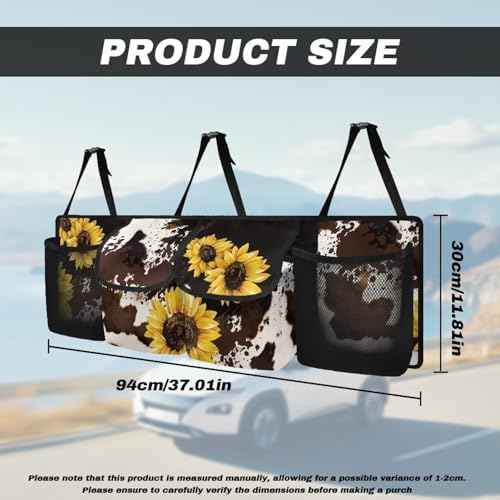 Dreaweet Sunflower Brown Cow Print Car Trunk Organizer for Sedan Collapsible Backseat Trunk Organizer Large Capacity Car Storage Bag with 4 Pocekt,Car Organizers and Storage Trunk for SUV Truck Van