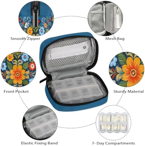 Pill Organizer Box Flowers Floral Tile 7-Day Weekly Medicine Pill Case Travel Pill Container Portable Pill Holder Storage Purse Bag Small Compact Size for Vitamin Supplement Birth Control