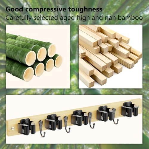Mop and Broom Holder Wall Mount - Bamboo Broom Mop Hanger - Wall Mounted Garden Tool Rack Organizer for Closet Garage Laundry Room Kitchen Decor With 5 Slots & 4 Hooks (Bamboo)
