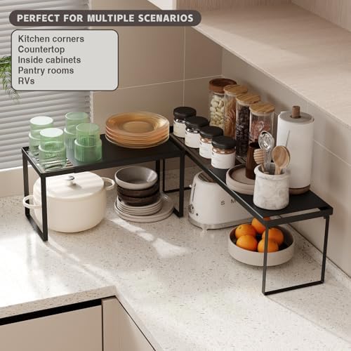 Magheo Expandable Kitchen Countertop Organizer, 2 Pack Stackable Cabinet Shelf Risers, Metal Spice Rack Heavy Duty Counter Organizer Storage for Kitchen, Pantry, Cupboard, Rv (8.7in Height,Black)