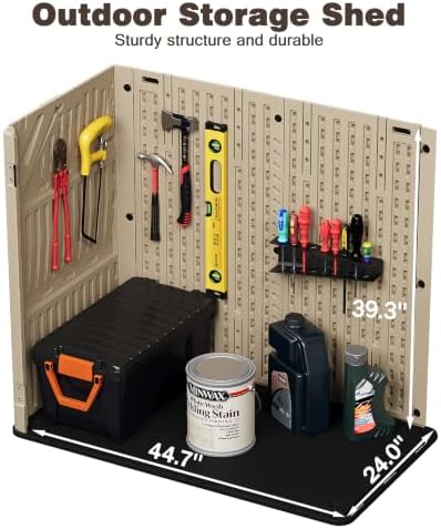 Horizontal Resin Storage Cabinet for Garage, 31 Cuft Waterproof Thickened Outdoor Resin Storage Shed with Floor & Lockable Double Doors for Patio, Garden and Trash Can, Khaki