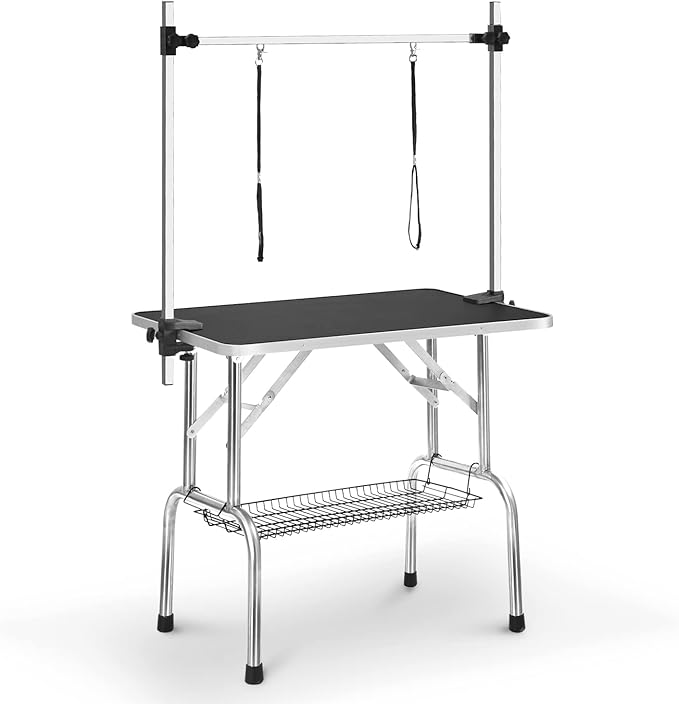 SoarFlash Pet Dog Grooming Table Foldable,Heavy Duty Foldable Pet Grooming Table with Arm & Noose & Mesh Tray, Maximum Capacity Up to 330lbs, 36inch, Black