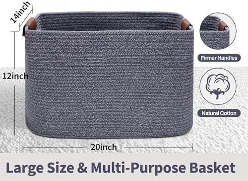 Large Cotton Rope Storage Basket with Leather Handles, Laundry Hamper Baskets, 20 "L x 14" W x 12 "H, Storage Blanket & Toy , Home Decor Basket. (Large Dark Grey)