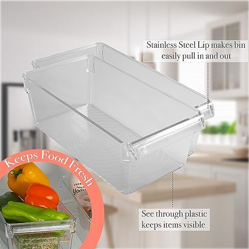Kitchen Details Medium Refrigerator Storage Bin, Fridge & Freezer, Kitchen Organization,Stainless Steel Handle, Countertop,Cabinets, Pantry,Clear (Pack of 12)
