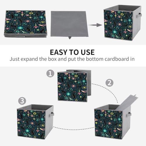 Black Cats Space Star Storage Bin with Handles, Oxford Fabric Foldable Storage Cube Organizer for Clothes, Towels, Bedroom, Living Room, Home Organization