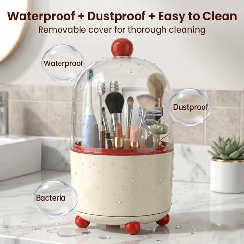 360°Rotating Toothbrush Holder with Cover, Dustproof Electric Toothbrush and Toothpaste Holder for Bathroom Countertop, 3 Slots Makeup Brush Organizer & Bathroom Storage (Red and White)