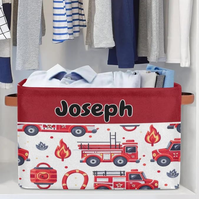 Personalized Foldable Storage Basket with Name for Boys, Laundry Hamper Dirty Clothes Pet Toys Storage Bin with Handles for Shelf Home Closet Kitchen, Fire Engines Cartoon