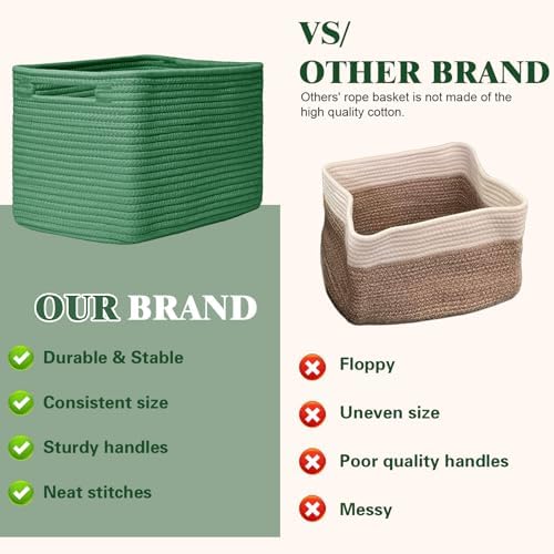 Storage Baskets for Organizing, 4 Pack Baskets for Shelves, Decorative Storage Bins for Shelves, Cotton Rope Storage Basket with Handles, Woven Basket for Storage, 13''Lx8.7''Wx7.9''H, Green