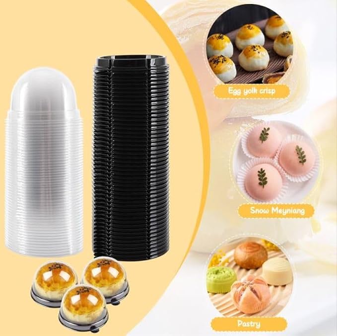 Hewnda 50 Pack 2 Inch Clear Plastic Mini Cake Box, Black | Muffins Box, Cookies Box, Dome Box, Wedding Birthday Gift Box