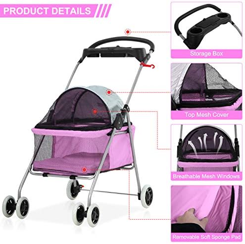Meet Perfect Pet Stroller for Small/Medium Dogs & Cats, Pink, Foldable | Waterproof fabric helps protect pets during outdoor travel; Mesh panels provide ventilation and visibility.