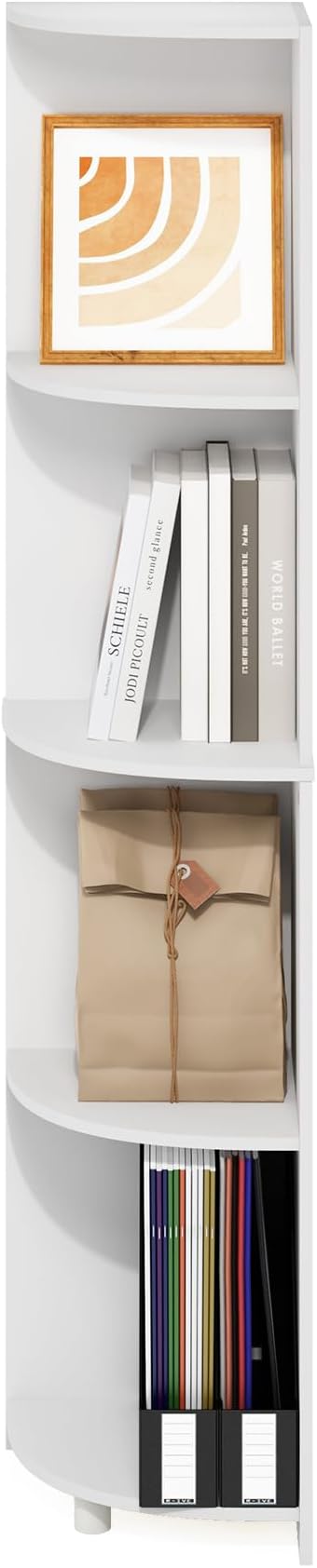 Furinno ECON Corner Shelf, 4-Tier Corner Book Shelf, Storage Shelves, Display Rack, Bookshelf, for Organization and Storage, Living Room, Home Office, White