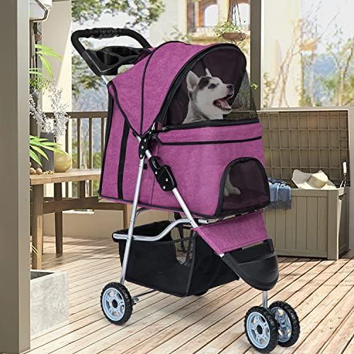 BestPet | 3-Wheel Foldable Pet Stroller | Purple | Lightweight & Portable | Travel Carrier with Mesh Windows, Storage Basket, Cup Holder, Safety Brakes, and Waterproof Fabric | For Small Dogs and Cats
