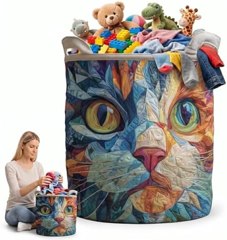 Abstract Cat Face Laundry Hamper Large Fabric Clothes Basket Cute Pet Theme Toy Storage Organizer Geometric Patterned Hamper for Bedroom(16" x 22")