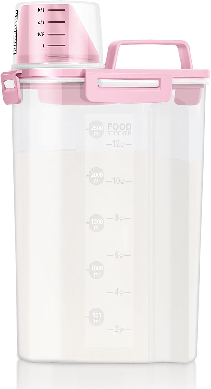 LEAWALK Airtight Rice Storage Container, 3 to 5Lbs Cereal Dry Food Flour and Sugar Bin, Pet Dog Cat Food Dispenser with Measuring Cup, BPA Free Clear Plastic Kitchen and Pantry Organization Bin-Pink