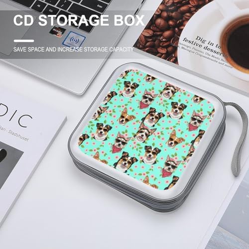 Portable CD/DVD Holder Dogs Flowers Floral, 40-Capacity Hard Case with Zipper, Protective Storage Binder for Music Movies Game Discs