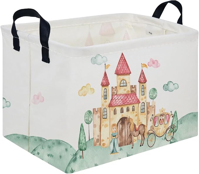 Rectangular Pink Princess Storage Basket,Cute Basket for with Handles for Room Decor,Gift Baskets,Girl pink room decor(Watercolor castle)