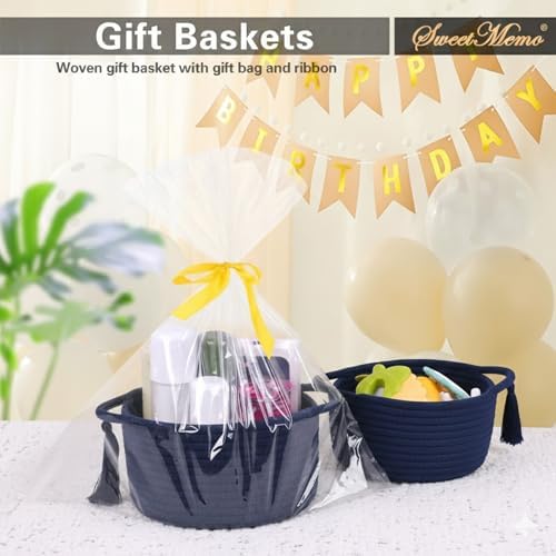 Small Gift Basket Empty to Fill with Gift Bag & Ribbon, Navy Blue | Cute Decorative Mini Woven Rope Basket with Handles for Gifting; Reusable for Bathroom Counter or Desk Catchall, 8 x 4.7 in