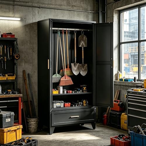 71" H Broom Closet Storage Cabinet,Laundry Storage Cabinet,Metal Garage Storage Cabinet,Black Storage Cabinets,Utility Cabinet