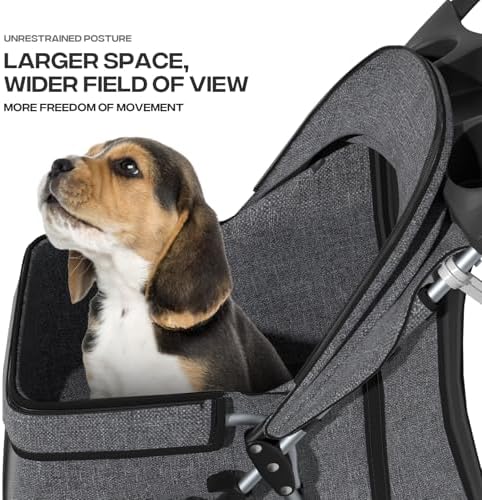 Foldable 3-Wheel Pet Stroller for Small/Medium Dogs & Cats, Grey | Storage Basket & Cup Holder, Breathable Mesh Cover, Lightweight and Durable, for Small to Medium Pets, up to 33 lbs
