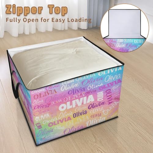 Personalized Extra Large Storage Basket with Lid, Comforters, Watercolor Painted Rainbow Colorful Bedding Storage Bin for Home, Collapsible Basket for Clothes, Moving, Car Trunk
