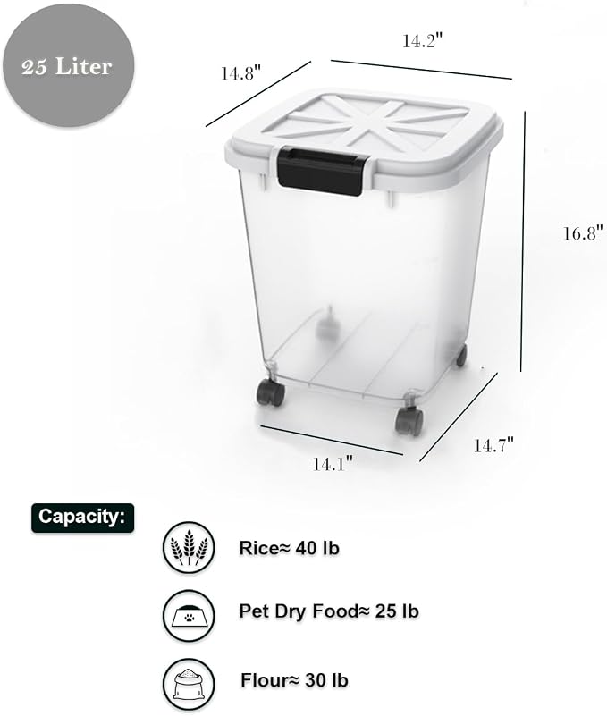 HANAMYA 40 LB Rice Storage Container with Measuring Cup, BPA free, For Rice | Grain | Pet Food | Flour, 1 count, Clear & Black