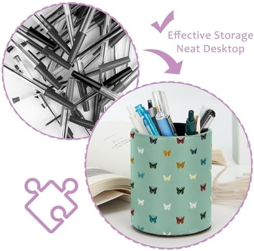 Faux Leather Pen Holder for Desk, Pencil Organizer Butterfly Pen Cup Desk Decor Makeup Brush Holder Storage for Office Home