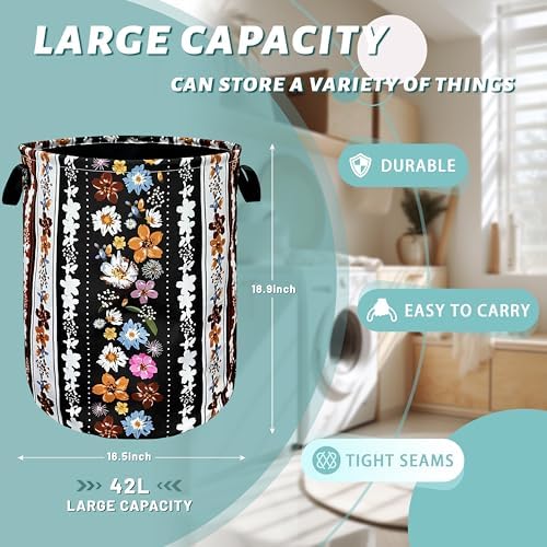 Boho Flowers Laundry Basket Oxford Cloth Foldable Hamper 18.9x16.5 Inch
