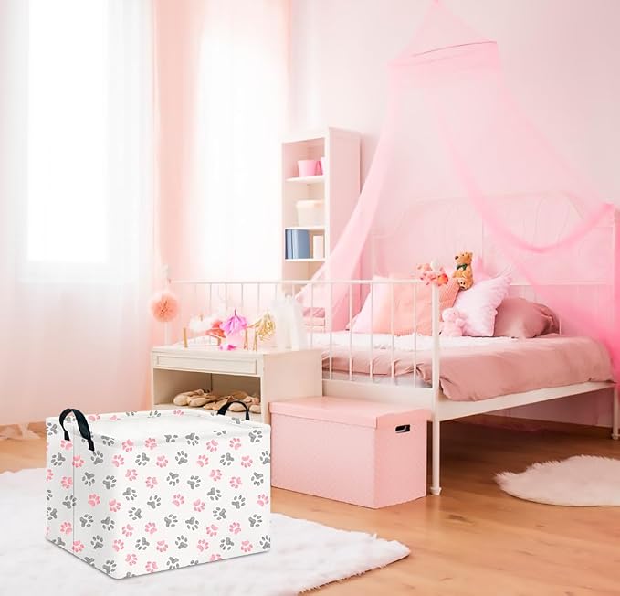 CLOCOR Rectangular Storage Basket Empty,Gift Basket,Waterproof Storage Bin with Handles,Room Decor(Pink Paw)