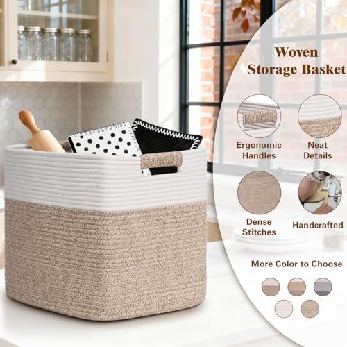 15×13 Inch Storage Cubes, 3 Pack Cube Storage Bins for Organizing, Cotton Rope Woven Baskets for Shelves, Bathroom, Kids Room, Closets, Baby Nursery