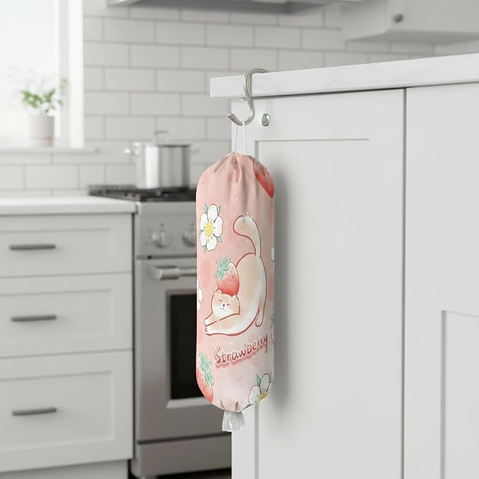 Plastic Bag Holder, Wall Mount Plastic Bag Organizer Dispenser Reusable Grocery Bag Organizer for Home Kitchen(Strawberry)
