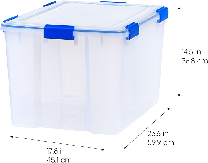 IRIS USA 3-Pack 74 Qt Storage Bins with Gasket Lids, Clear/Blue | WeatherPro seal helps protect bulky items for moving, garage, attic and basement storage