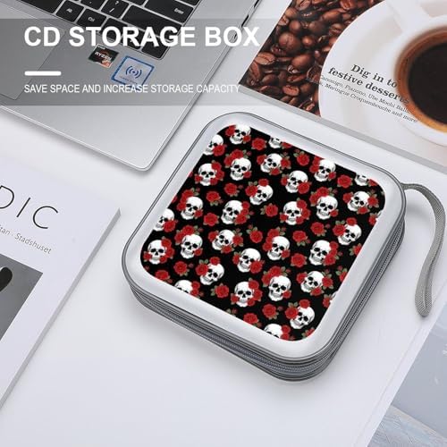 Hard Plastic CD/DVD Organizer Dark Black Red Rose Skull, 40-Disc Storage Binder with Zipper, Portable Protective Case for Car Office