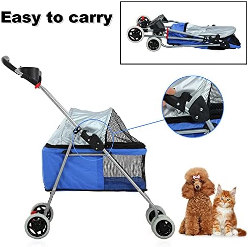 Meet Perfect Pet Stroller for Small/Medium Dogs & Cats, Blue, Foldable | Waterproof fabric helps protect pets during outdoor travel; Mesh panels provide ventilation and visibility.