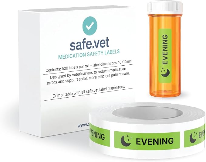 “Evening” Veterinary Pharmacy Labels | Roll of 500 | Clinical-Grade Color-Coded Instruction Stickers for Veterinary Medication Bottles & Prescription Packaging