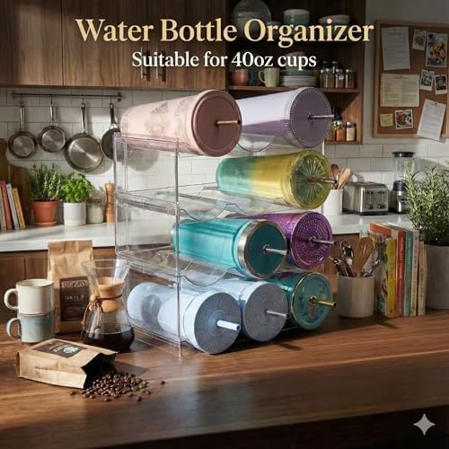 Stackable Water Bottle Organizer for Cabinet, Plastic Bottle Holder Designed for Starbucks Studded Tumblers up to 40oz, Plastic Cup Holder&Wine Rack for Pantry,Cupboard- 4 Layers Hold 12 Bottles