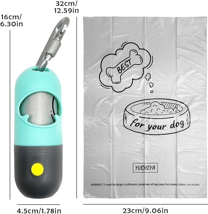 YUCHIYA Dog Poop Bag Holder Dispenser with LED Flashlight(Mint Green) | 100ft Ultra-Bright LED|Glow-in-the-Dark Avacado Clip|Metal Carabiner&Silicone Tether|15 Leak-Proof Scented Waste Bags