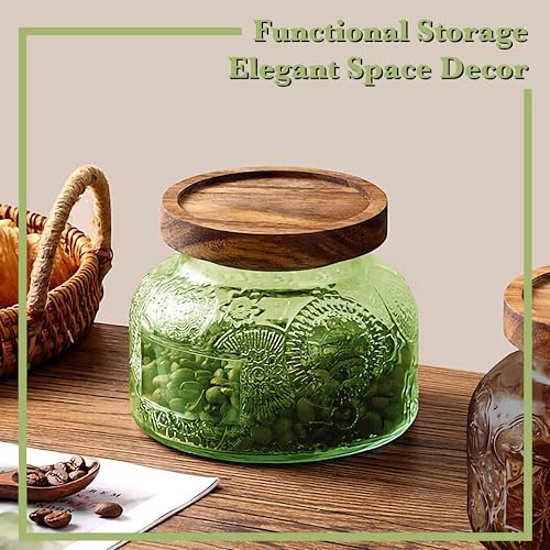 Decorative Green Embossed Glass Jar with Airtight Wooden Lid, 40 fl. oz | Wide mouth vintage storage canister, kitchen pantry bathroom organization, coffee sugar tea cookie candy candle vase gift